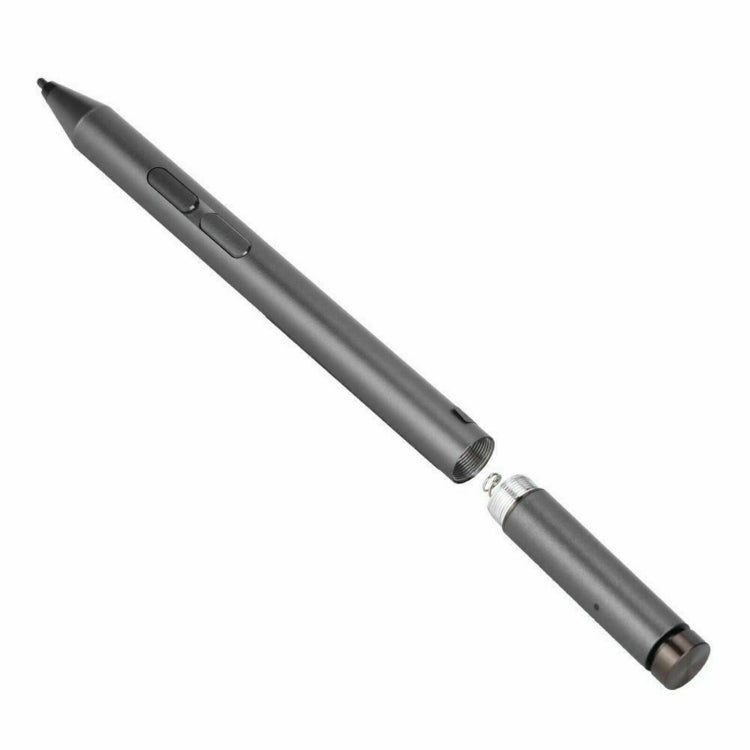 Gray stylus pen with precision tip and grip, angled close-up.