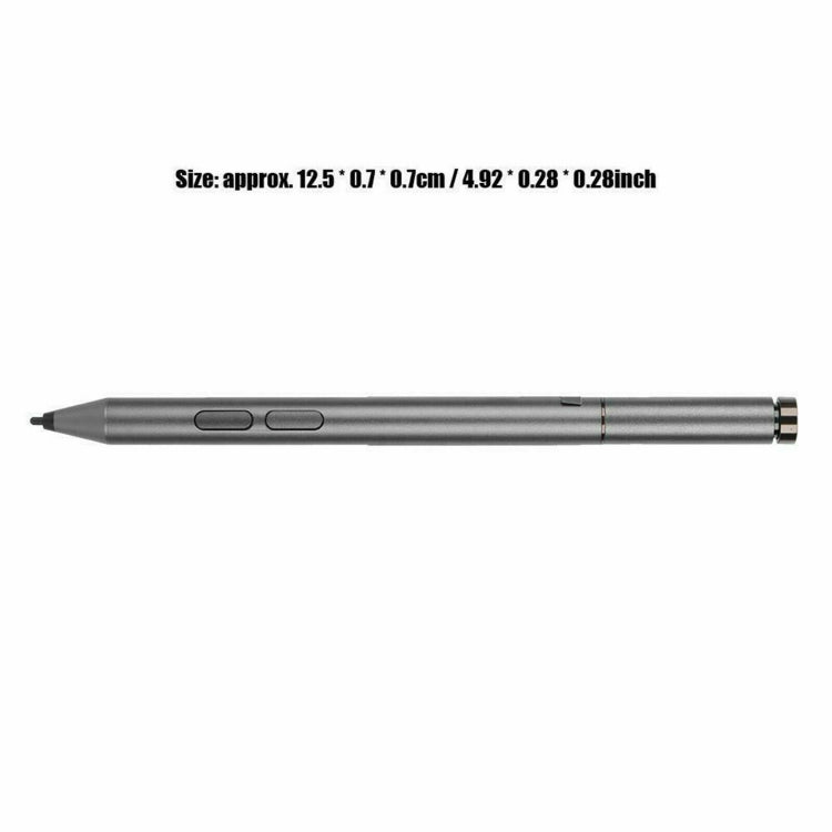 Gray Bluetooth stylus pen, side view with two buttons and capped end.