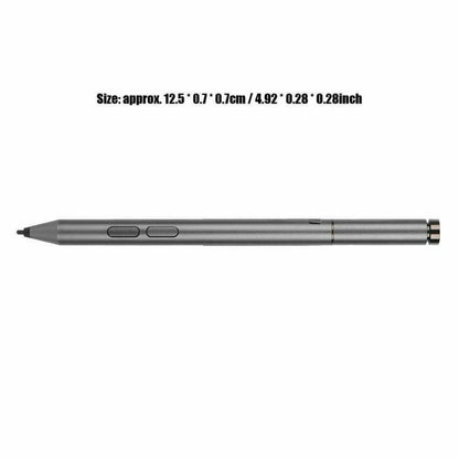 Gray Bluetooth stylus pen, side view with two buttons and capped end.