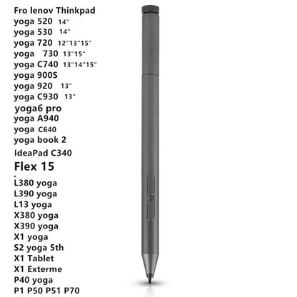 Gray stylus pen with pointed tip and side buttons, vertical view.