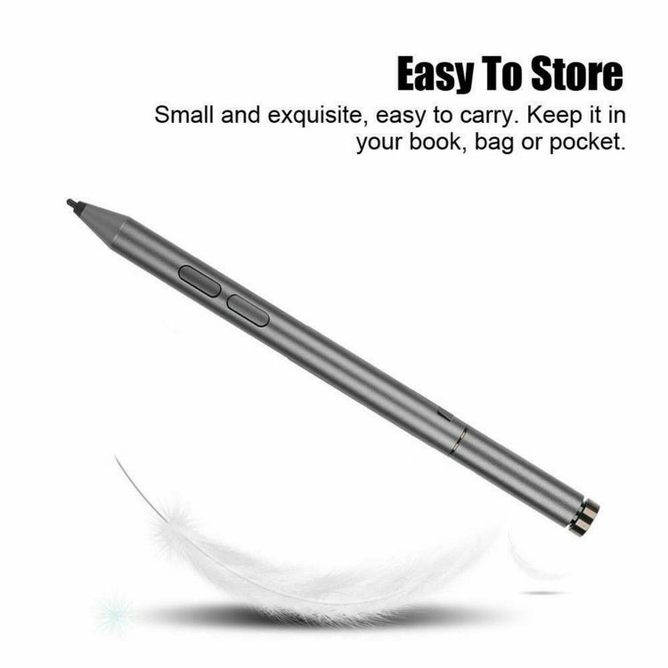 Gray Bluetooth stylus pen angled with top cap and side buttons.