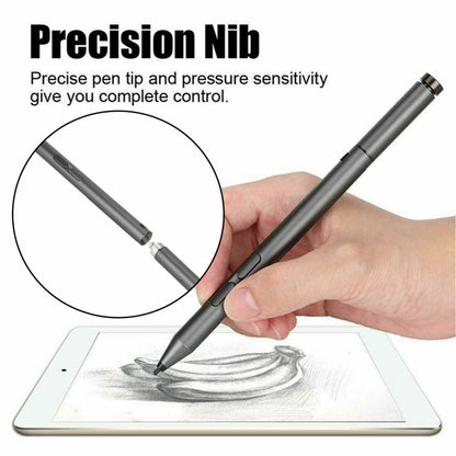 Gray Bluetooth stylus pen held in hand over a tablet for precise drawing.