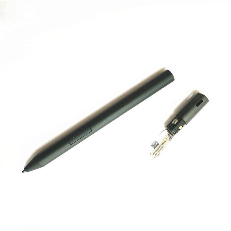 Dark green stylus pen with side button and pointed tip, plus connector clip