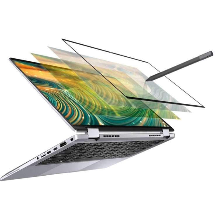 Dark green active stylus pen with pointed tip beside a laptop with drawing display