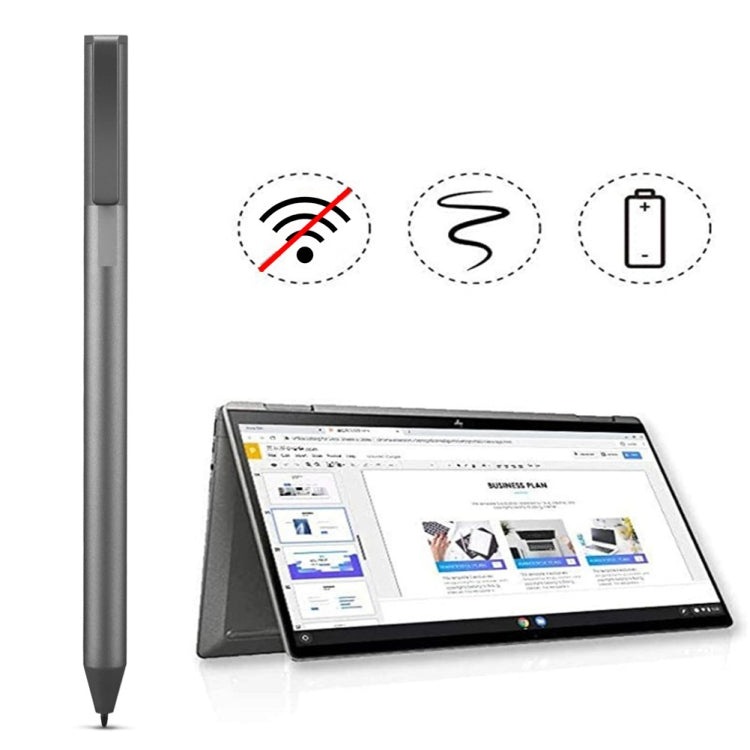 Metal USI stylus pen with dark tip, shown beside a tablet screen