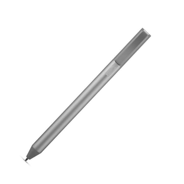 Metallic gray stylus pen with pointed tip, angled side view