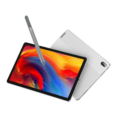 Metallic gray stylus pen held above tablet with colorful display