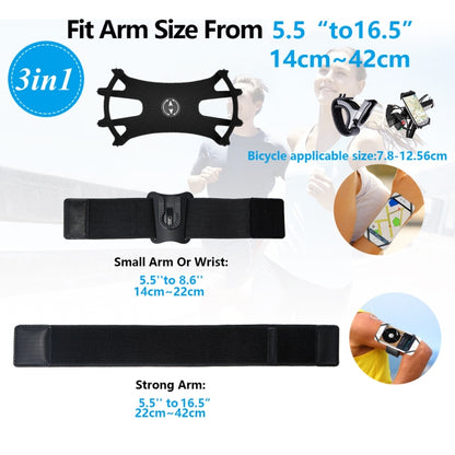 Black 3-in-1 arm and wrist phone holder strap with adjustable mounting clip