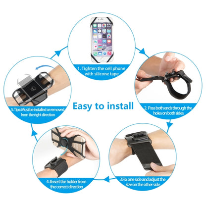 Black phone arm mount with step-by-step installation showing strap and holder