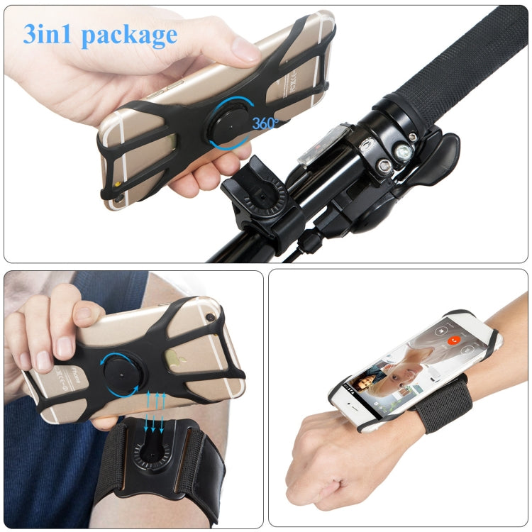 Black phone arm mount with 360-degree rotation and adjustable wrist strap