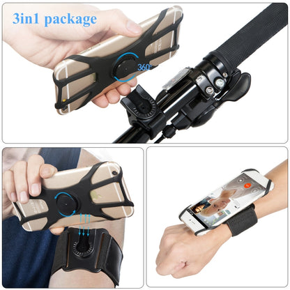 Black phone arm mount with 360-degree rotation and adjustable wrist strap