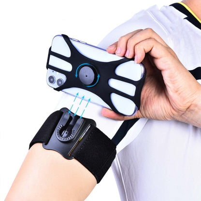 Black arm strap phone holder with side grips and mounting base attached to wrist