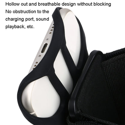 Black breathable arm phone strap with open cutouts near the phone ports