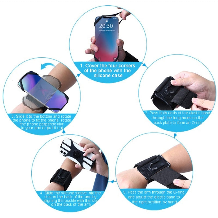 Black four-corner swivel arm wrist phone strap bag with adjustable elastic band