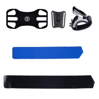Black 3-in-1 phone arm strap with detachable swivel bracket and blue mounting insert.