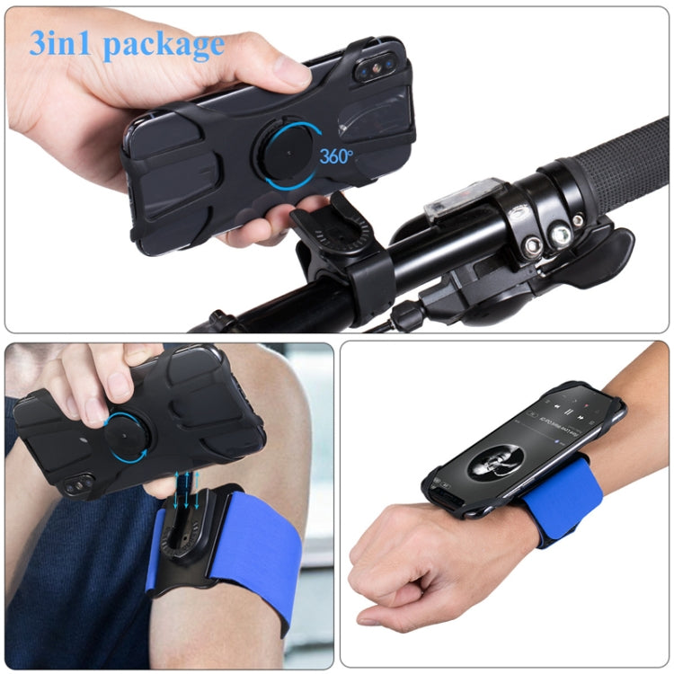 Black detachable phone bike mount with 3-in-1 wrist/arm strap and 360° rotation ring.