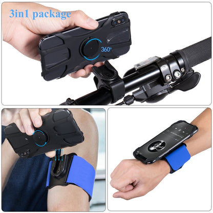 Black detachable phone bike mount with 3-in-1 wrist/arm strap and 360° rotation ring.