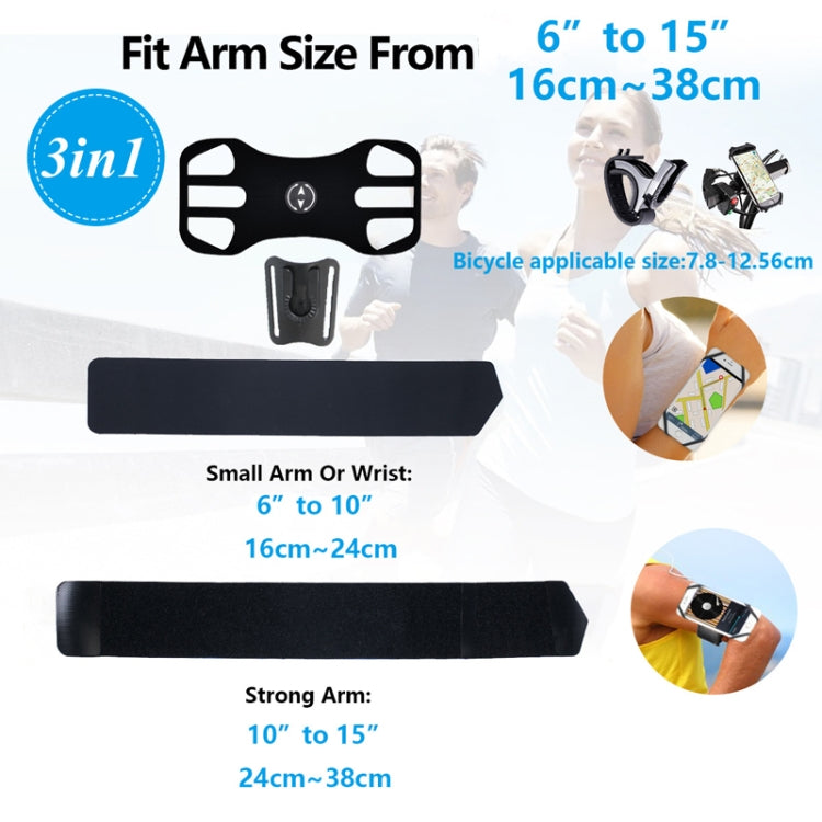 Black 3-in-1 arm strap phone holder with sizing for small, medium, and strong arms.