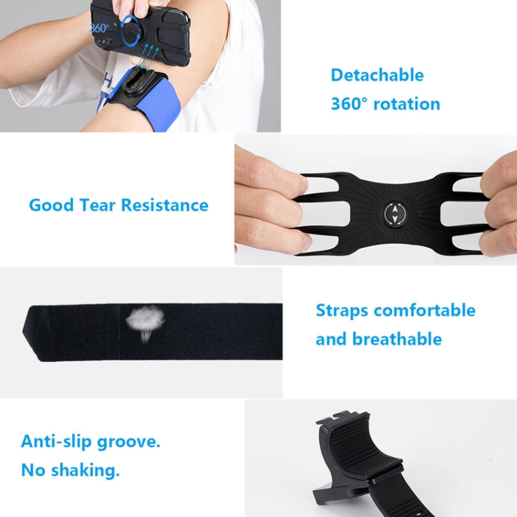 Black phone arm strap holder with detachable design and visible stretch, breathable padding.