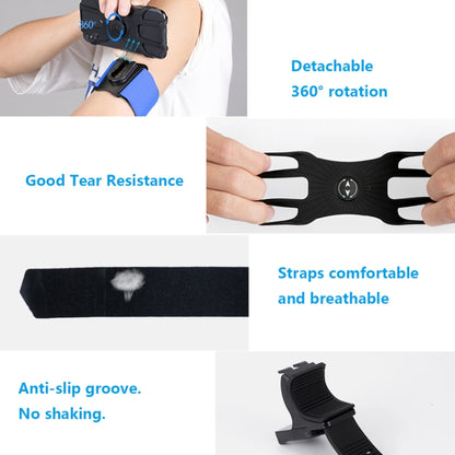 Black phone arm strap holder with detachable design and visible stretch, breathable padding.