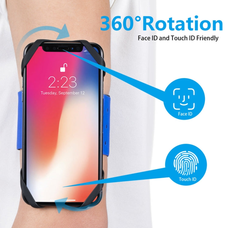Black phone holder on blue strap with 360° rotation; touch ID and Face ID compatible.