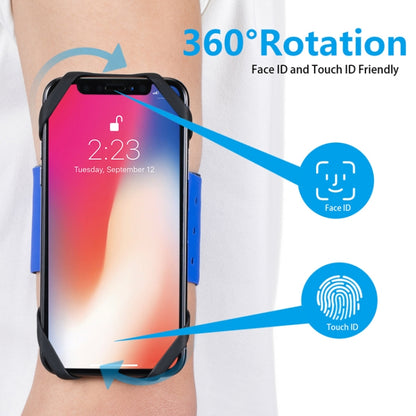 Black phone holder on blue strap with 360° rotation; touch ID and Face ID compatible.