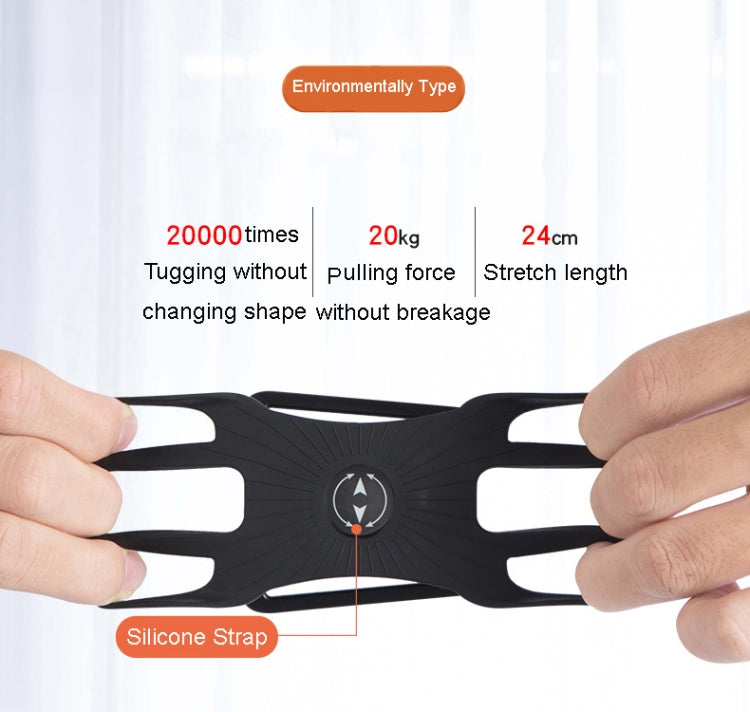 Black silicone strap phone holder with hands pressing the flexible band for stretch.