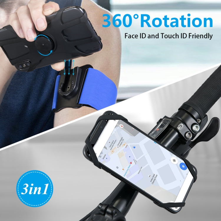 Black phone mount attached to a blue arm strap with 360° rotation and bracket base.