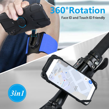 Black phone mount attached to a blue arm strap with 360° rotation and bracket base.