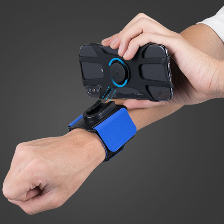 Black phone holder on a blue wrist strap with circular grip and swivel mounting arm.