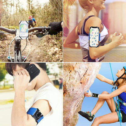 Bike phone holder with arm strap worn for cycling; phone mounted for viewing while riding.