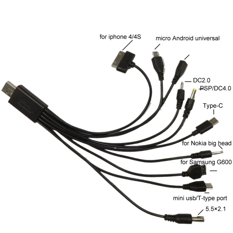 10 In 1 Multifunction USB Charging Cable For IPhone / PSP / Camera / Nokia / HTC / LG / Samsung, 10 In 1