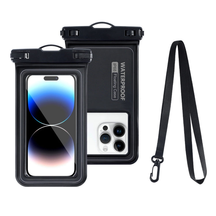 Dark gray waterproof phone pouch with clear touch screen window and lanyard.