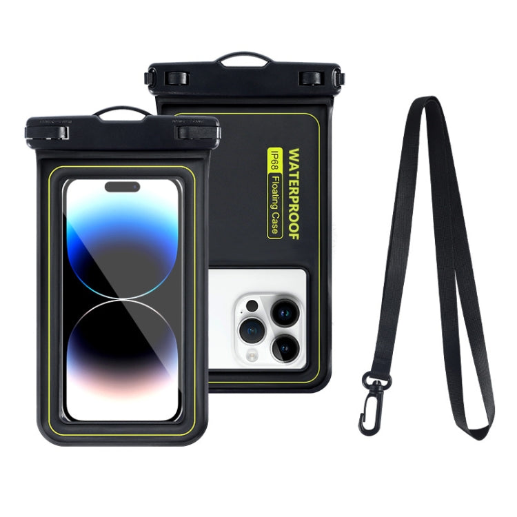 Black waterproof phone pouch with green edge trim, clear touch window, and lanyard.
