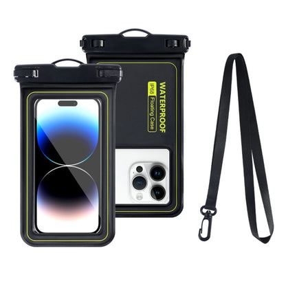 Black waterproof phone pouch with green edge trim, clear touch window, and lanyard.
