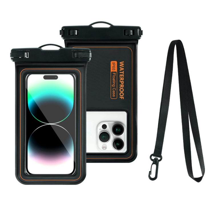 Black waterproof phone pouch with orange edge trim, clear touch window, and lanyard.