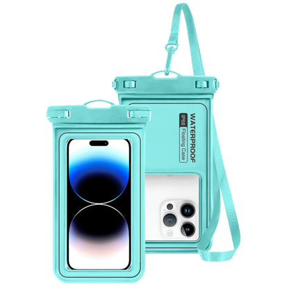 Teal waterproof phone pouch with clear touch window and adjustable shoulder strap.
