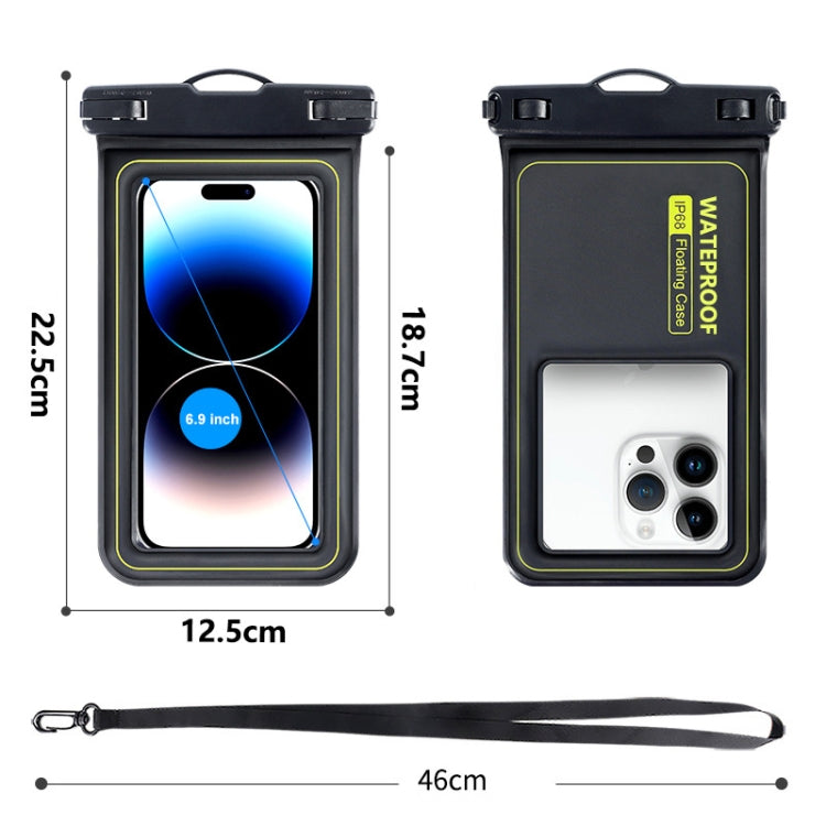 6.9-inch waterproof phone pouch with clear touch window and long lanyard, shown with size guides.