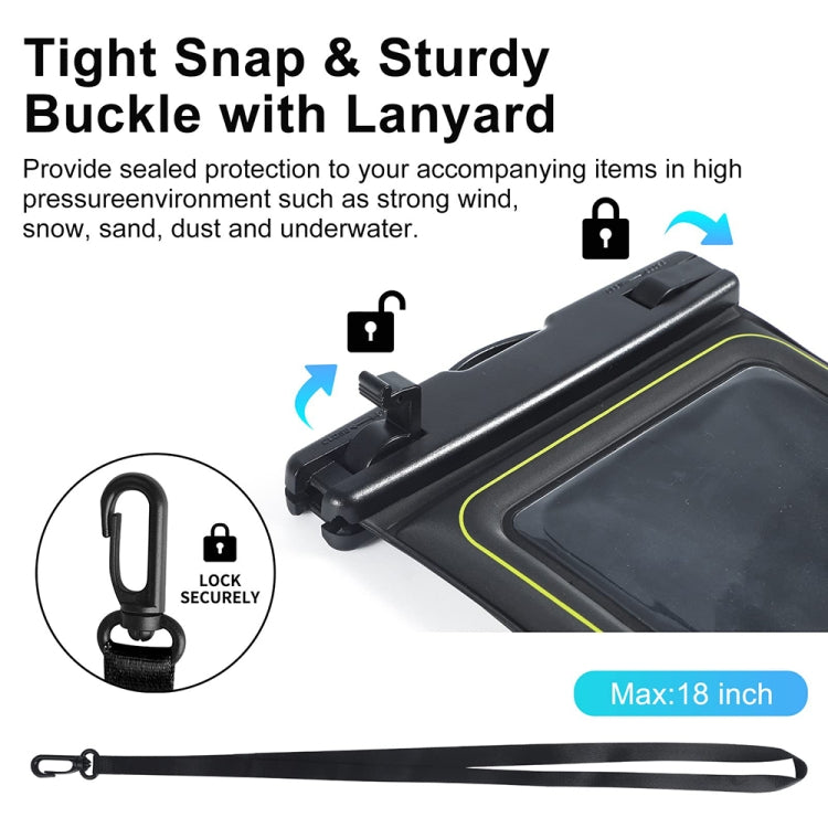 Black waterproof phone pouch with secure buckle and detachable strap, angled view.