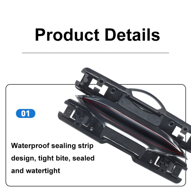 Black waterproof phone pouch with sealing strip and top clasp area, close-up detail.