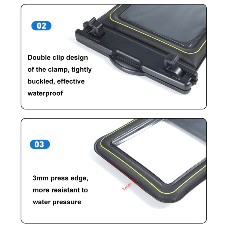 Black waterproof phone pouch detail: double clips and press-edge seal, close-up.