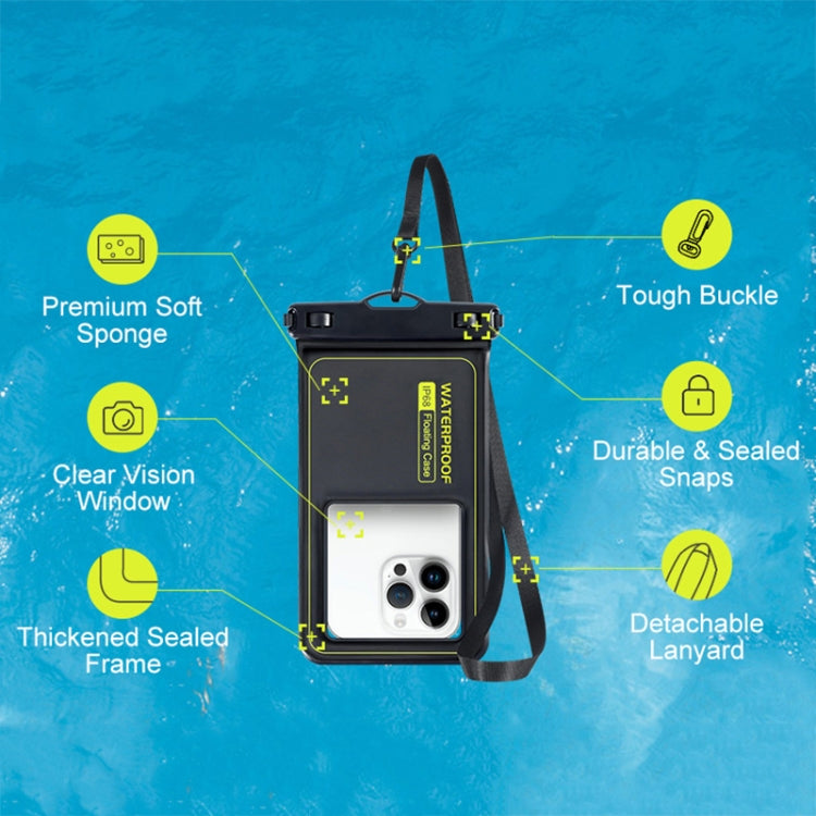 Black waterproof phone pouch with clear touch window and lanyard, sealed frame.
