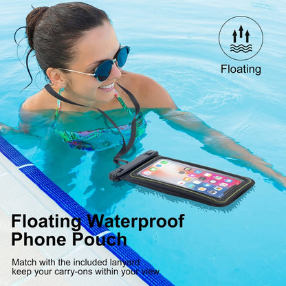 Floating waterproof phone pouch with clear touch screen window and lanyard in water.