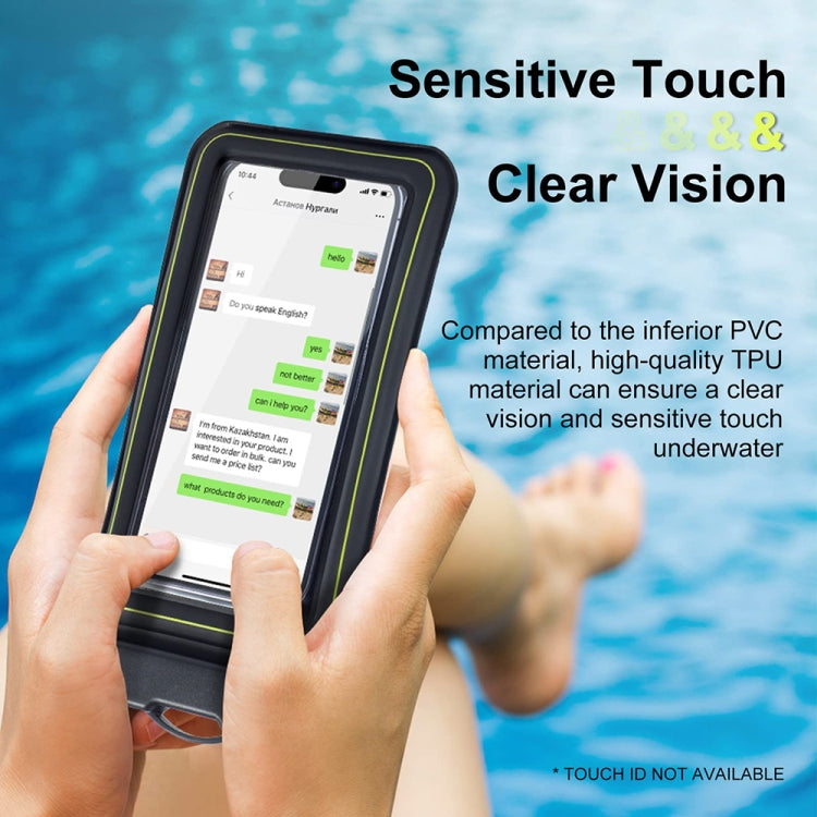 Floating waterproof phone touch-screen bag with clear window and black seal trim
