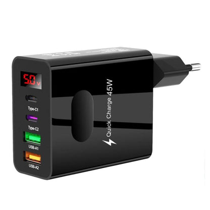 2 USB+2 Type-C Digital Display Mobile Phone Multi-port Charger, EU Plug Black, US Plug Black, UK Plug Black, EU Plug White, US Plug White, UK Plug White