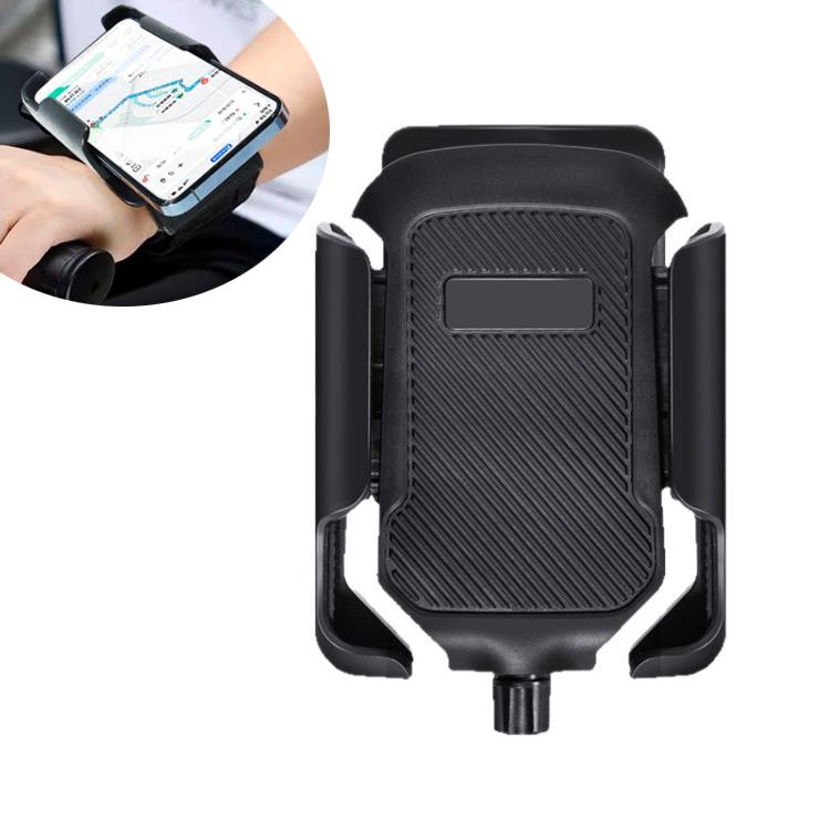Black wrist-mounted phone holder with adjustable clamp and wrist strap