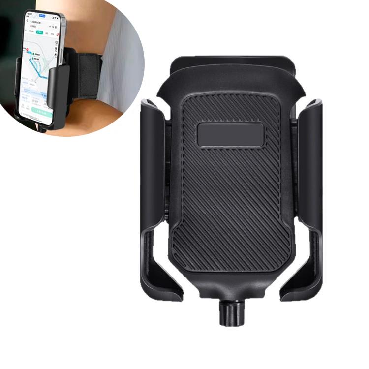 Black phone holder with textured back grip and strap clip openings for mounting