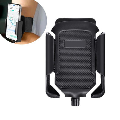 Black phone holder with textured back grip and strap clip openings for mounting