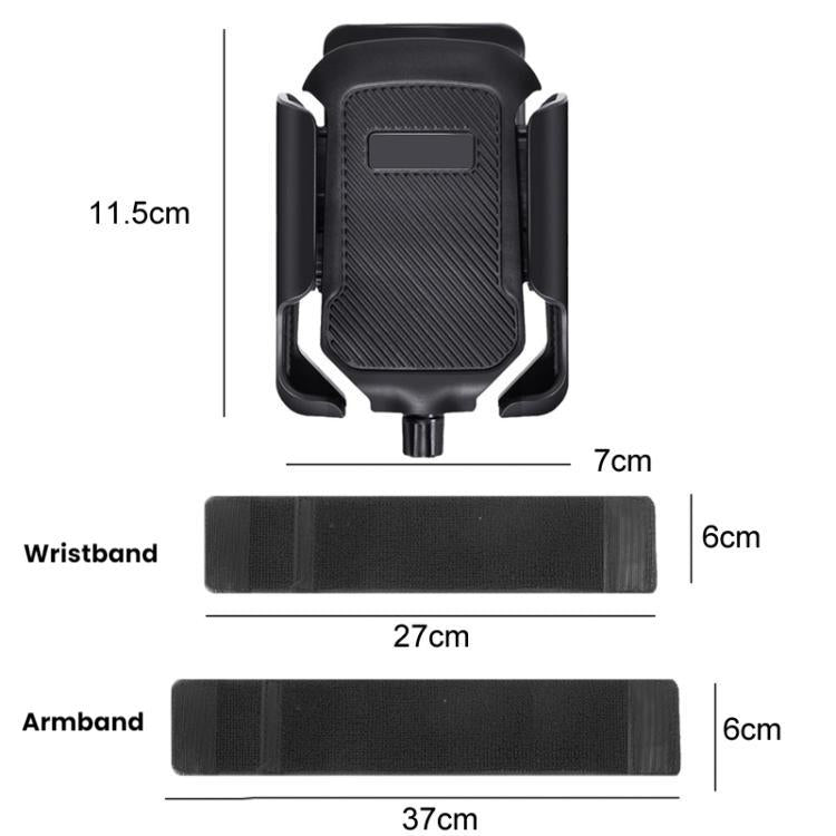 Black phone holder with wristband and armband straps, with size measurements