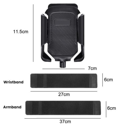 Black phone holder with wristband and armband straps, with size measurements